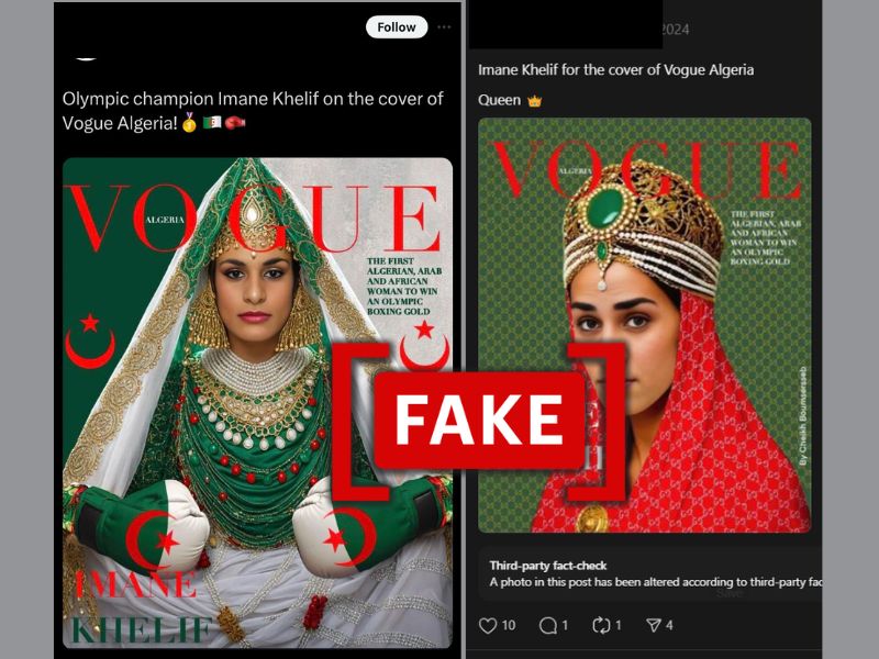 This image is an screenshot of social media posts claiming to show a "Vogue Algeria" cover featuring Algerian boxer Imane Khelif. (Source: X/Threads/Modified by Logically Facts)